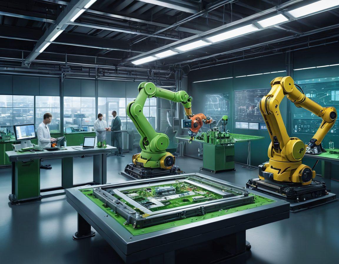 A futuristic factory setting, showcasing advanced robotics and AI-driven machinery working in harmony. Include workers collaborating with technology, sleek assembly lines, and digital displays showing data analytics. Highlight elements of sustainability such as green energy sources and eco-friendly materials in use. The scene should convey innovation and progress in the manufacturing industry. super-realistic. vibrant colors. 3D.