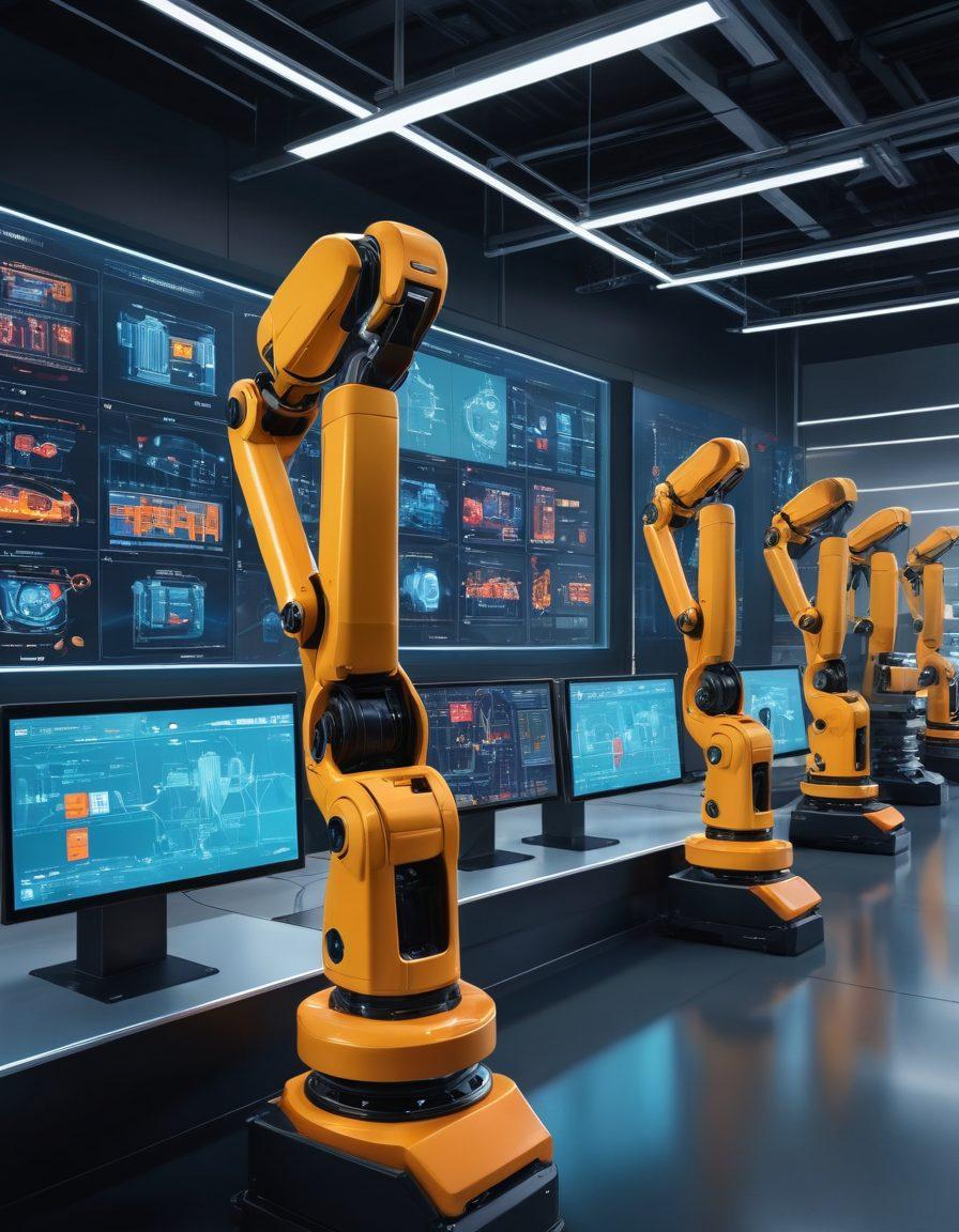 A high-tech manufacturing floor filled with advanced robots and machinery working harmoniously. Include visuals of digital screens displaying efficiency metrics and technological interfaces. Showcase workers collaborating with machines, symbolizing the synergy between humans and technology. Use vibrant, contrasting colors to highlight innovation and progress. 3D. vibrant colors.