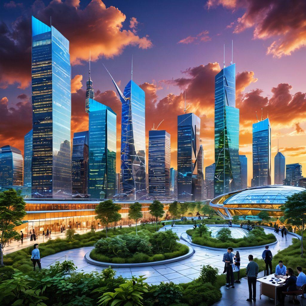 A futuristic landscape depicting a bustling city skyline with innovative business structures, like smart buildings and green rooftops. Include vibrant graphs and charts floating in the air to represent industry trends. People interact with digital screens showcasing new business ideas, surrounded by lush greenery symbolizing sustainability. The sky should be bright with dynamic clouds, suggesting a forward-thinking atmosphere. super-realistic. vibrant colors. 3D.